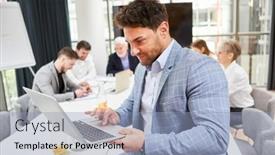  Presentation with business research - Theme enhanced with business-man-doing-research background and a light blue colored foreground