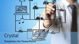  Presentation with social business people network - Slide set consisting of map support - business man drawing social network background and a light blue colored foreground