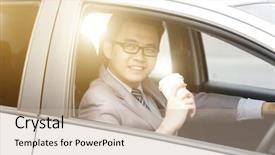  Presentation with sleepy yawning man driving car - Beautiful theme featuring business man driving a car backdrop and a  colored foreground