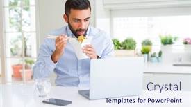  Presentation with food delivery - Presentation theme featuring business man eating asian food from delivery while working using computer laptop at the office background and a sky blue colored foreground