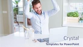  Presentation with asian food - Audience pleasing PPT layouts consisting of business man eating take away asian noodles food while working using computer laptop and smiling backdrop and a sky blue colored foreground