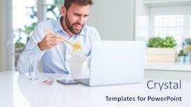  Presentation with asian food - Amazing slide deck having business man eating take away asian noodles food while working using computer laptop and smiling backdrop and a sky blue colored foreground