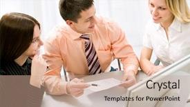  Presentation with project - Cool new slides with business man explaining a new project to colleagues backdrop and a coral colored foreground