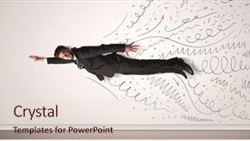  Presentation with flying - PPT theme with business man flying with hand background and a lemonade colored foreground