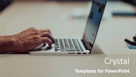  Presentation with laptop blank screen - Slides consisting of business-man-hand-working background and a gray colored foreground