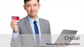  Presentation with business card - Presentation with business man hold credit card background and a  colored foreground