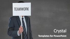  Presentation with business card - Audience pleasing slide set consisting of business man holding a card backdrop and a dark gray colored foreground