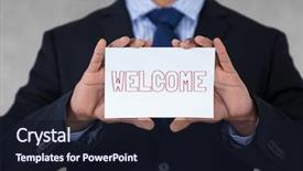  Presentation with business card - Colorful presentation enhanced with business man holding a card backdrop and a wine colored foreground