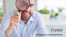  Presentation with magnifying glass - Colorful slide deck enhanced with business man holding magnifying glass backdrop and a light blue colored foreground