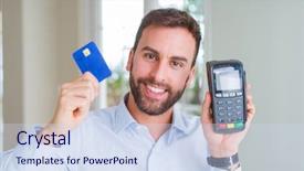  Presentation with pos - Presentation theme featuring business man holding pos terminal background and a sky blue colored foreground
