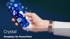  Presentation with man holding phone - Colorful slide set enhanced with business man holding smart phone with media icons concept on background backdrop and a navy blue colored foreground