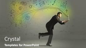  Presentation with doodle - PPT theme featuring business man in a rush with hand drawn doodle media icons and arrows concept on background background and a gray colored foreground