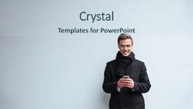  Presentation with man holding phone - Amazing presentation having business man in glasses and warm clothes holding phone and stading near the wall backdrop and a sky blue colored foreground