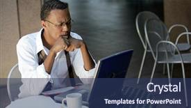  Presentation with cafe - Amazing PPT layouts having business man in outdoor cafe backdrop and a ocean colored foreground
