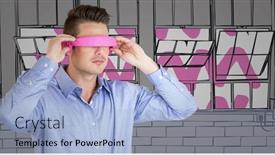  Presentation with pink business - Theme enhanced with business man in pink virtual reality headset against grey and pink hand drawn windows background and a light blue colored foreground