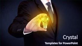  Presentation with glowing light bulb light bulb - Presentation theme enhanced with business man in suit holding a glowing yellow light bulb in his hand while working in the office concept background and a wine colored foreground