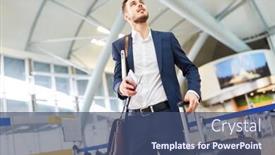  Presentation with airport terminal - PPT theme with business man in the airport terminal at the stopover looks for the connecting flight background and a ocean colored foreground