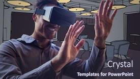  Presentation with purple business - PPT theme with business man in virtual reality headset with hands out against purple hand drawn office background and a wine colored foreground