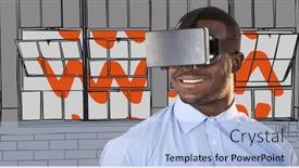  Presentation with virtual hand - Presentation design consisting of brick wall 3d black - business man in virtual reality background and a light blue colored foreground