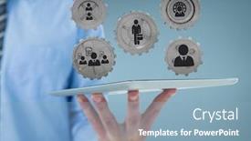  Presentation with graphics - Presentation theme enhanced with business man interacting with people in cogs graphics against blue background background and a light blue colored foreground