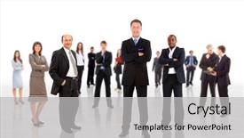  Presentation with business team join hands white - Presentation theme enhanced with business man leading a team background and a light gray colored foreground