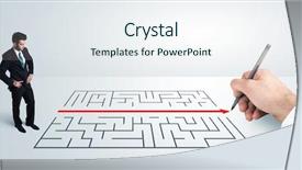  Presentation with business - PPT theme consisting of business man looking at hand background and a sky blue colored foreground