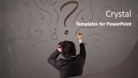 Presentation with question - Slide deck with business man looking at question mark sketch on the wall background and a gray colored foreground