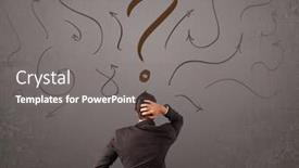  Presentation with 3d man sitting question mark - Presentation design consisting of business man looking at question mark sketch on the wall background and a gray colored foreground