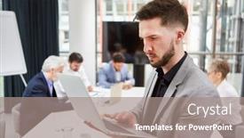  Presentation with business research - PPT theme consisting of business-man-makes-a-critical background and a coral colored foreground