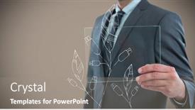  Presentation with doodle - Slides having business man mid section with glass device and white leaf doodle against brown background background and a gray colored foreground