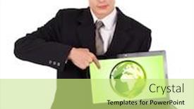  Presentation with eco - Amazing PPT theme having business man pointing at eco world isolated on white backdrop and a yellow colored foreground