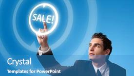  Presentation with 3d man business leader - Cool new slide deck with business man pressing a sale backdrop and a  colored foreground