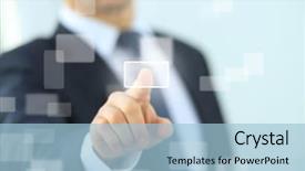  Presentation with business - PPT theme with business man pressing a touchscreen background and a light blue colored foreground