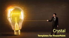  Presentation with glowing light bulb light bulb - PPT layouts with business man pulling a big bright glowing light bulb concept on background background and a wine colored foreground