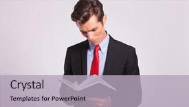  Presentation with flip book - Amazing slide set having business man reading a book backdrop and a light gray colored foreground