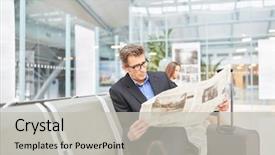  Presentation with airport terminal - Slides consisting of business man reads newspaper background and a light gray colored foreground