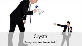  Presentation with 3d man business leader - PPT layouts having business man screaming on megaphone on little man background and a light gray colored foreground