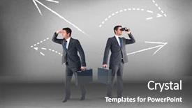  Presentation with on the right track - Beautiful presentation theme featuring business man shadow icon - left or right arrows drawings backdrop and a gray colored foreground