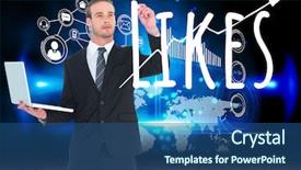  Presentation with connections - Cool new PPT theme with business man shadow icon - young businessman with computer writing backdrop and a ocean colored foreground