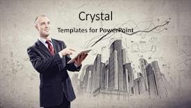  Presentation with ipad - Amazing PPT theme having business man sign construction - image of young businessman holding backdrop and a light gray colored foreground