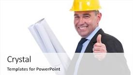  Presentation with camera - PPT theme with business man sign construction - senior engineer holding some blueprints background and a  colored foreground