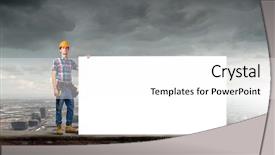  Presentation with white blank notebook silver - Colorful PPT theme enhanced with business man sign construction - young repairman with white blank backdrop and a white colored foreground