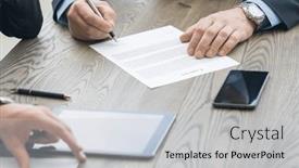  Presentation with contract - Presentation with business-man-sign-contract background and a light gray colored foreground