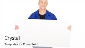  Presentation with empty - Presentation theme enhanced with business man sign industry - happy mature repairman presenting empty background and a  colored foreground