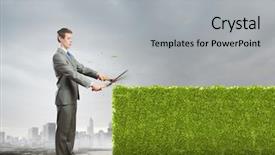  Presentation with green - Presentation design enhanced with business man sign industry - young businessman cutting green bush background and a  colored foreground