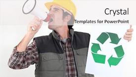  Presentation with recycling - PPT theme enhanced with business man sign manufacturer - craftsman holding a recycling label background and a  colored foreground