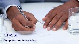  Presentation with contract - Presentation theme featuring business man signing a contract background and a sky blue colored foreground