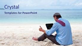  Presentation with 3d man sitting question mark - PPT layouts consisting of business man sitting and working background and a sky blue colored foreground