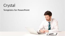  Presentation with red white blue business - PPT theme with business man sitting at white background and a white colored foreground