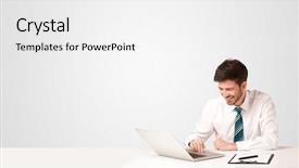  Presentation with red white blue business - Beautiful slide deck featuring business man sitting at white backdrop and a white colored foreground